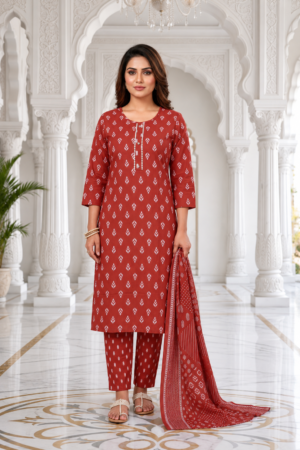 Rust Red Pure Cotton 3-Piece Kurta Set with White Leaf Buti Print, Printed Pants & Coordinated Ethnic Dupatta