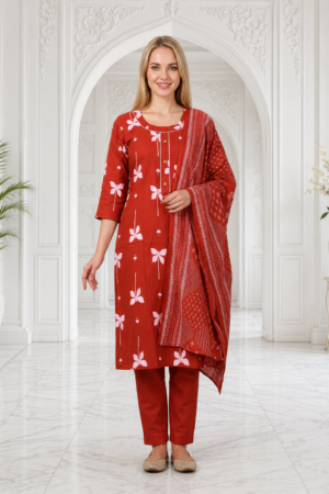 Rust Red Pure Cotton 3-Piece Kurta Set with Pink Floral Print