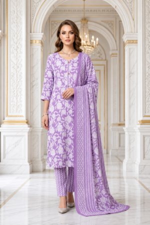 Lavender Pure Cotton 3-Piece Kurta Set with White Floral Jaal Print