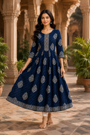 Navy Blue Floral Printed Cotton Anarkali Kurti for Women