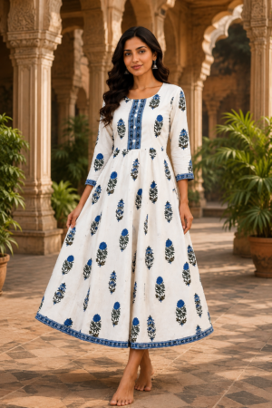 White & Royal Blue Floral Printed Cotton Anarkali Kurti for Women