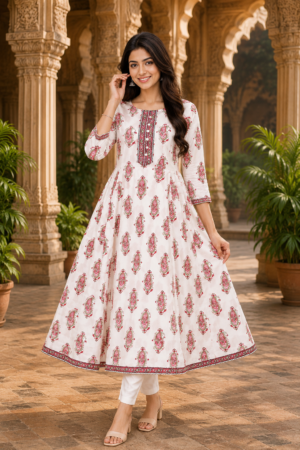 White & Pink Paisley Printed Cotton Anarkali Kurti for Women