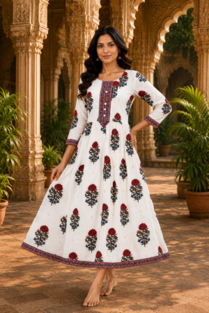 White & Red Floral Printed Cotton Anarkali Kurti for Women