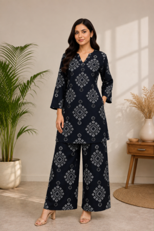 Navy Blue Rayon Printed 2-Piece Co-Ord Set with Wide-Leg Pants