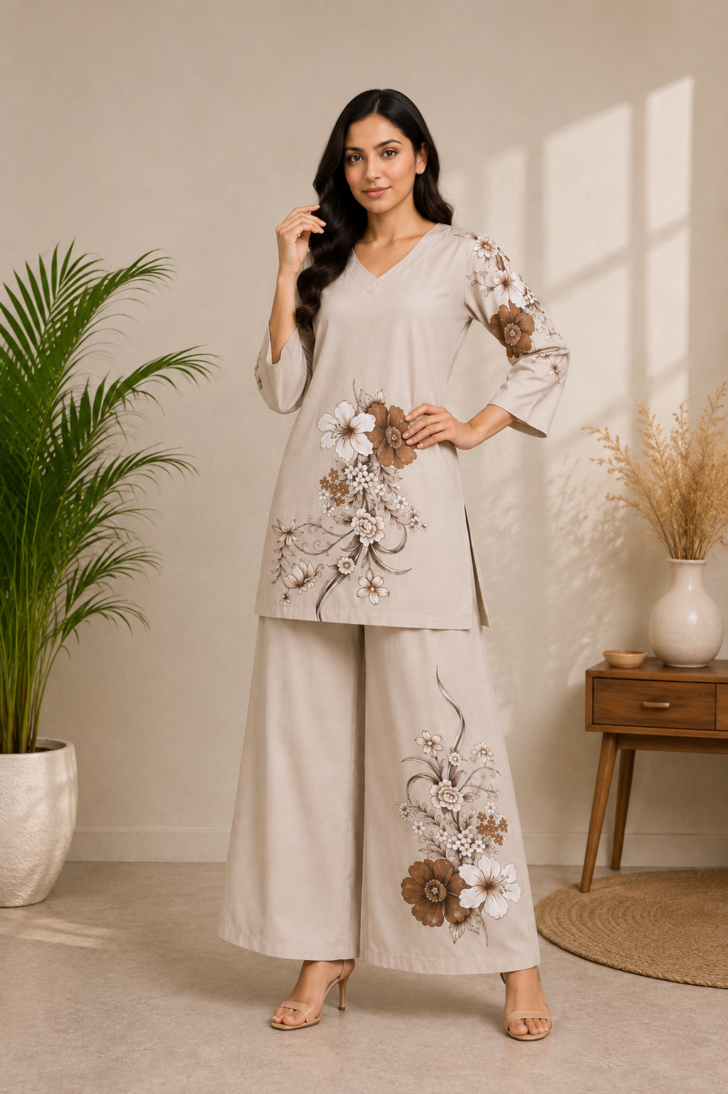 Beige Premium Rayon Floral Printed 2-Piece Co-Ord Set with Palazzo