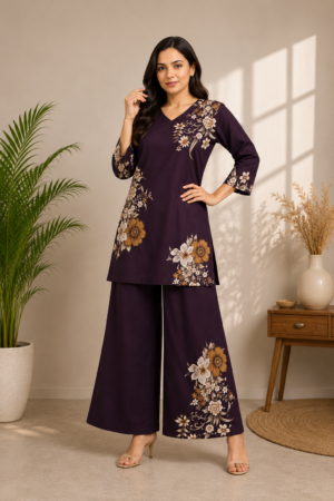 Deep Plum Premium Rayon Floral Printed 2-Piece Co-Ord Set with Palazzo