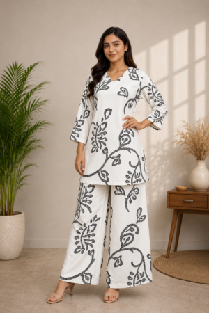 Off White Premium Rayon Abstract Leaf Printed 2-Piece Co-Ord Set
