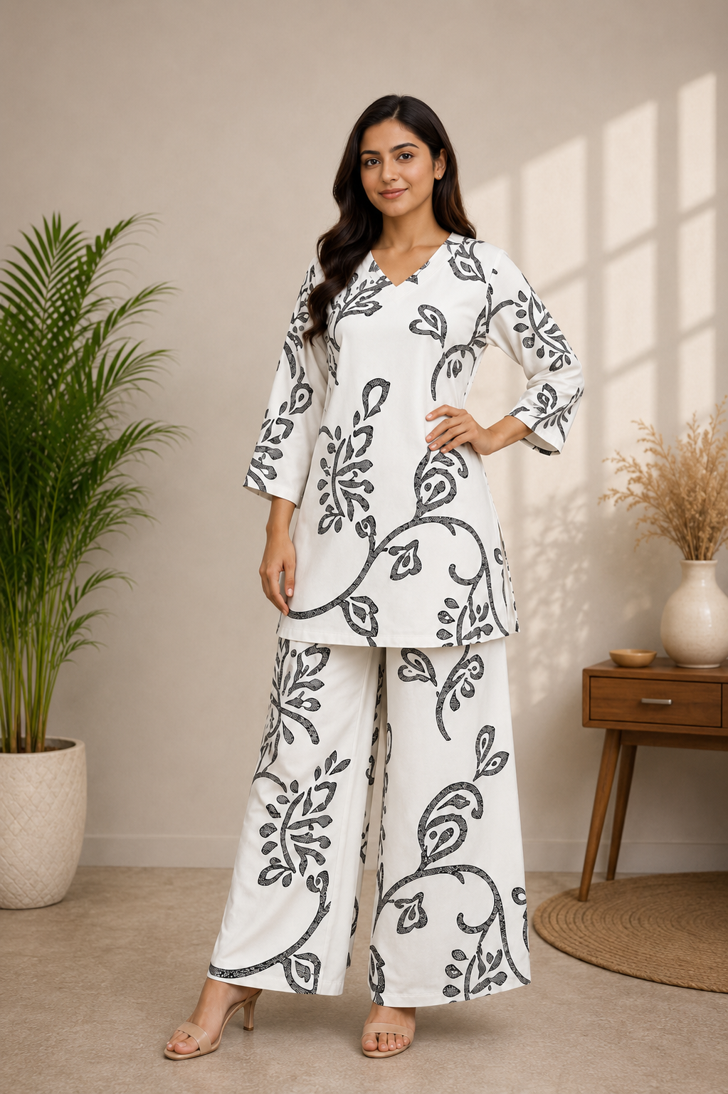 Off White Premium Rayon Abstract Leaf Printed 2-Piece Co-Ord Set
