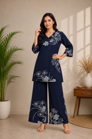 Navy Blue Premium Rayon Botanical Printed 2-Piece Co-Ord Set with Palazzo