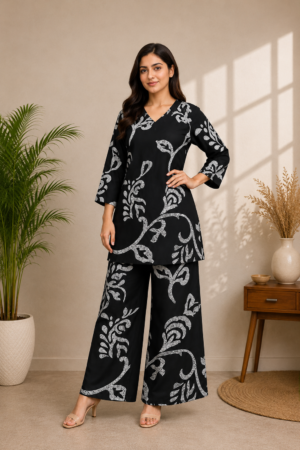 Black Premium Rayon Abstract Vine Printed 2-Piece Co-Ord Set with Palazzo