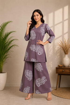 Dusty Mauve Premium Rayon Paisley Printed 2-Piece Co-Ord Set with Palazzo