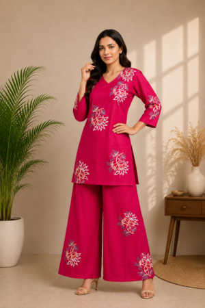 Rani Pink Premium Rayon Floral Printed 2-Piece Co-Ord Set with Palazzo