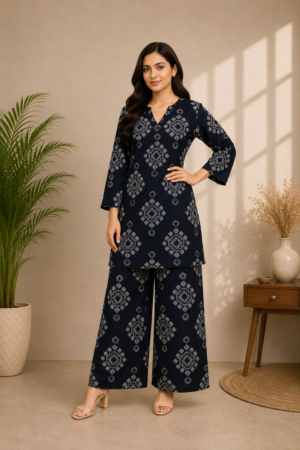 Navy Blue Premium Rayon Ethnic Geometric Printed 2-Piece Co-Ord Set with Palazzo