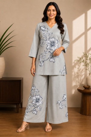 Light Sage Grey Premium Rayon Floral Printed 2-Piece Co-Ord Set with Palazzo