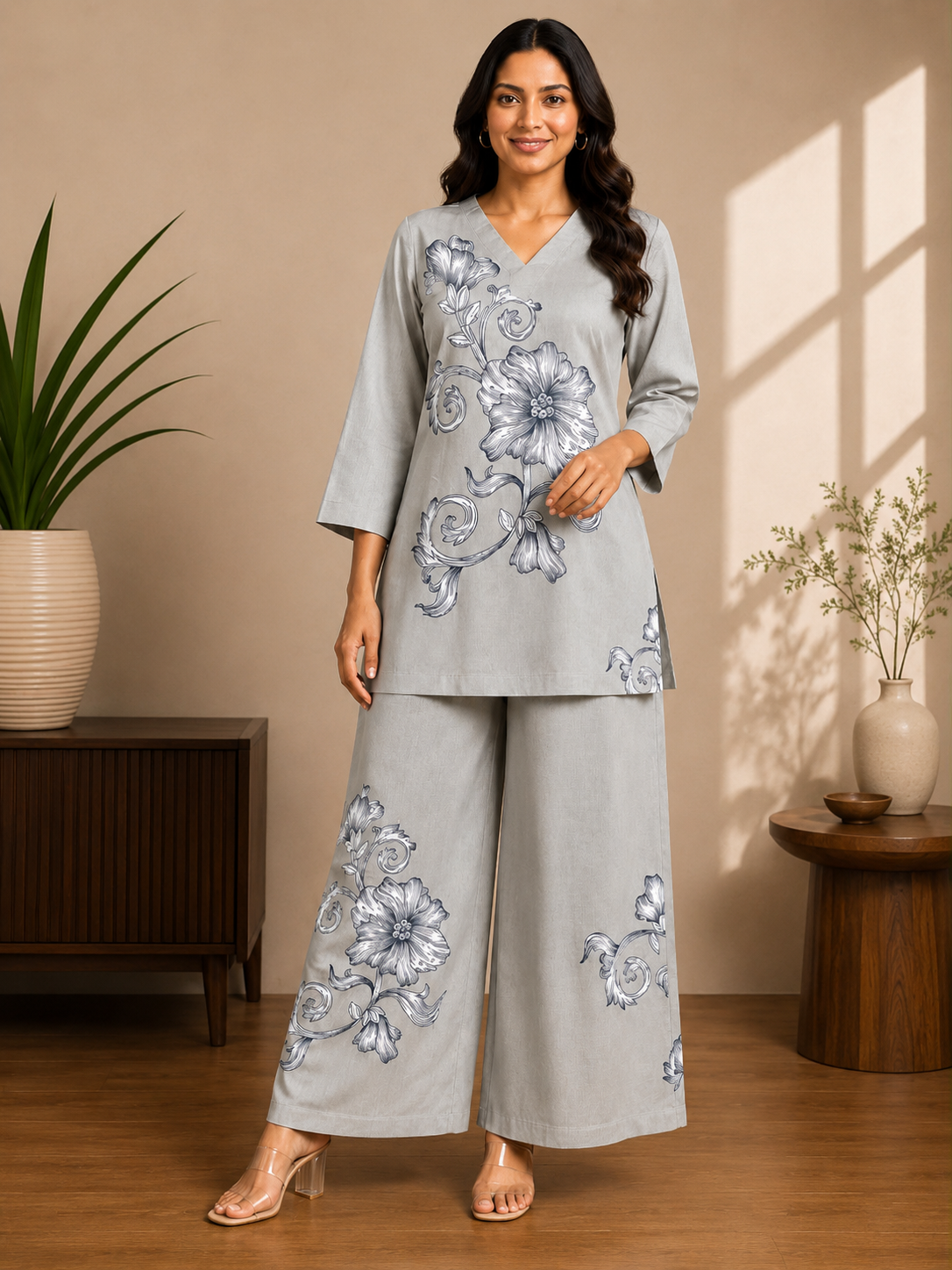 Light Sage Grey Premium Rayon Floral Printed 2-Piece Co-Ord Set with Palazzo