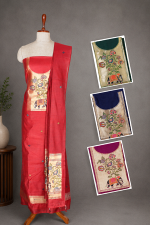 Red Premium Jamdhani Handwoven Cotton Chanderi Unstitched Dress Material