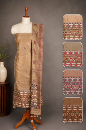 Beige Premium Jamdhani Handwoven Cotton Chanderi Unstitched Dress Material