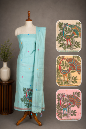 Sky Blue Premium Jamdhani Handwoven Cotton Chanderi Unstitched Dress Material
