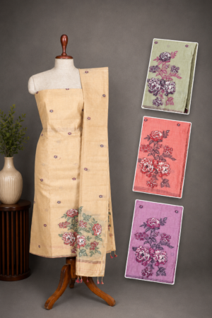 Cream Premium Jamdhani Handwoven Cotton Chanderi Unstitched Dress Material