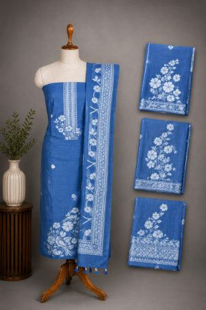 Royal Blue Premium Jamdhani Handwoven Cotton Chanderi Unstitched Dress Material