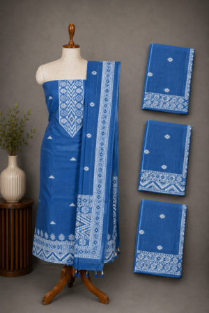 Steel Blue Premium Jamdhani Handwoven Cotton Chanderi Unstitched Dress Material