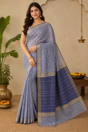Maheshwari Handloom  Royal Blue & Ivory Cotton Silk Saree with Classic Checks & Gold Zari Woven Border