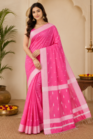 Maheshwari Handloom Rani Pink Cotton Silk Saree with Silver Zari Buti & Elegant Woven Border