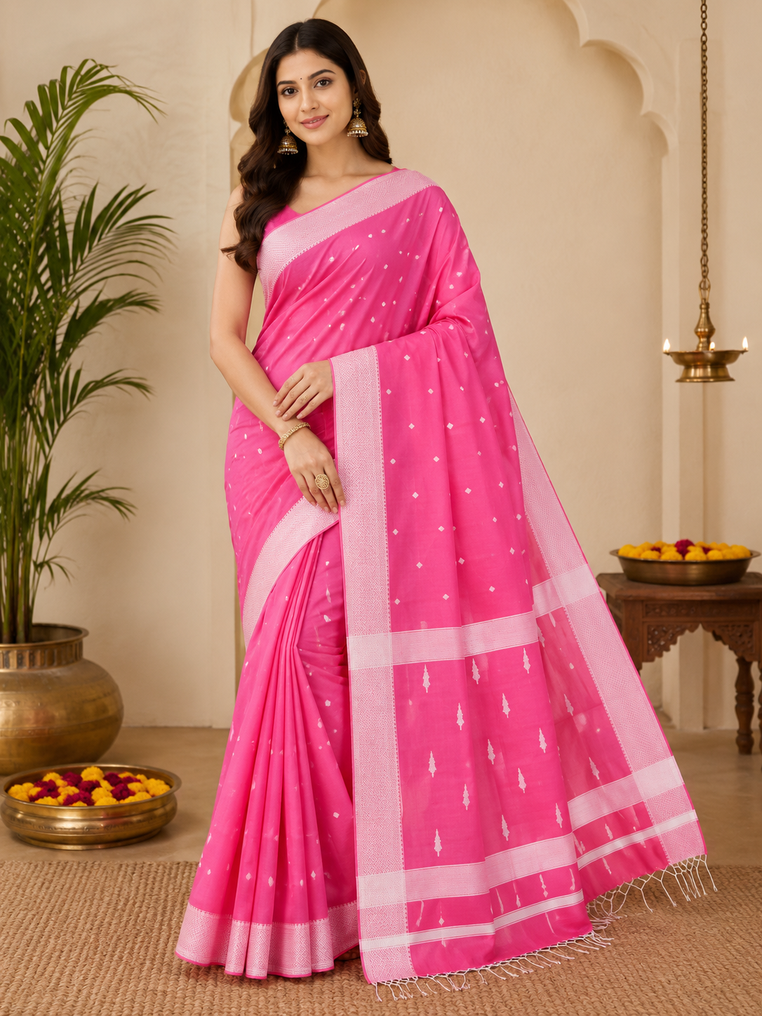 Maheshwari Handloom Rani Pink Cotton Silk Saree with Silver Zari Buti & Elegant Woven Border