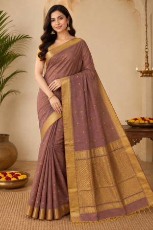 Maheshwari Handloom Dusty Mauve Cotton Silk Saree with Gold Zari Buti & Rich Woven Pallu