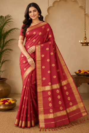 Maheshwari Handloom  Crimson Red Cotton Silk Saree with Gold Zari Leaf Buti & Traditional Woven Border