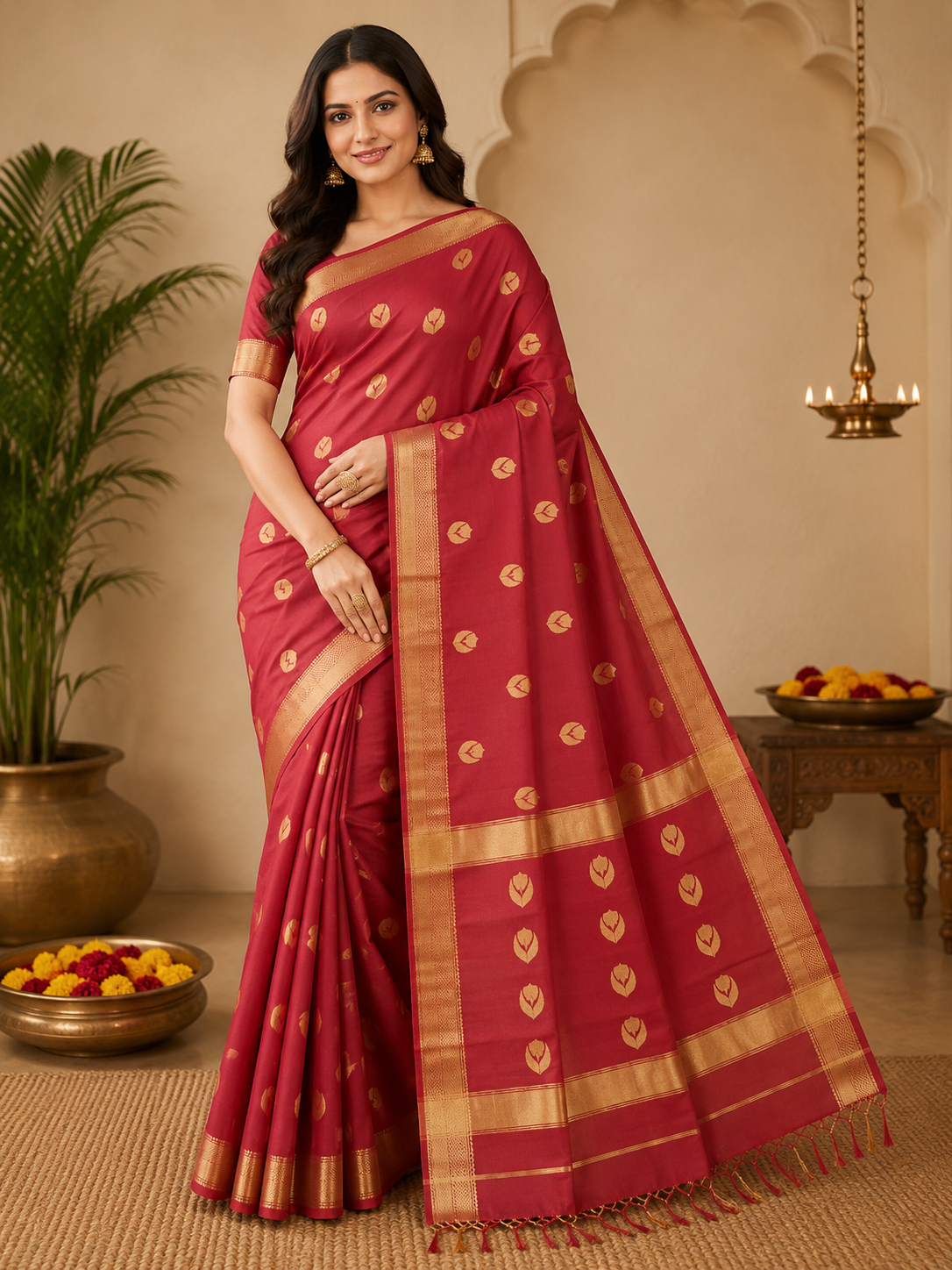Maheshwari Handloom Crimson Red Cotton Silk Saree with Gold Zari Leaf Buti & Traditional Woven Border
