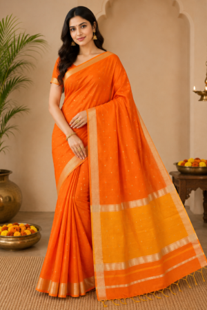 Maheshwari Handloom Red Cotton Silk Saree with Contrast Orange Pallu & Traditional Woven Border