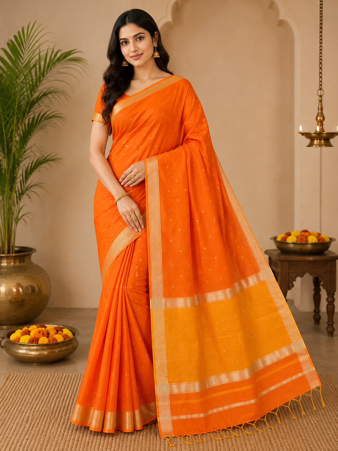 Maheshwari Handloom Red Cotton Silk Saree with Contrast Orange Pallu & Traditional Woven Border