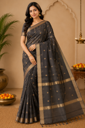 Maheshwari Handloom  Charcoal Grey Cotton Silk Saree with Gold Zari Buti & Traditional Woven Border