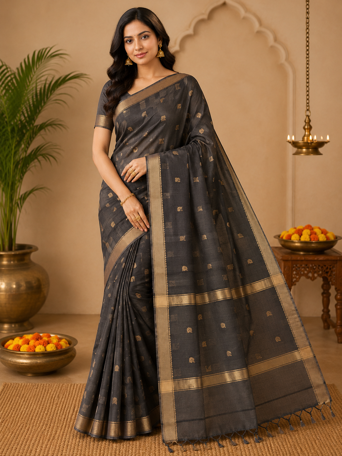 Maheshwari Handloom Charcoal Grey Cotton Silk Saree with Gold Zari Buti & Traditional Woven Border