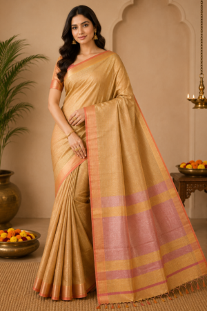 Maheshwari Handloom Golden Beige Cotton Silk Saree with Blush Pink Contrast Pallu & Traditional Woven Border