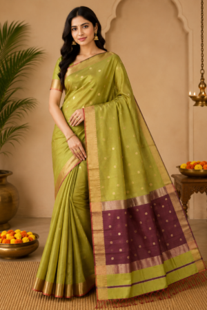 Maheshwari Handloom Pistachio Green Cotton Silk Saree with Wine Contrast Pallu & Gold Zari Buti