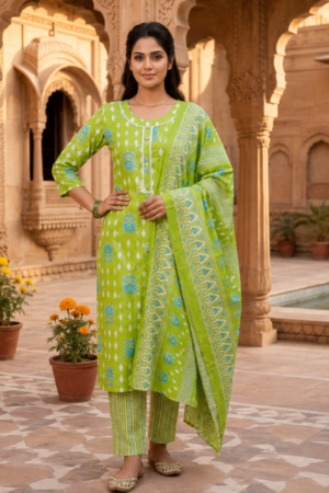 Lime Green Pure Cotton 3-Piece Kurta Set with Blue Ethnic Motifs