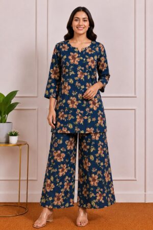 Navy Blue Floral Print Cotton Co-ord Set – Notched Neck Kurta with Wide-Leg Palazzo