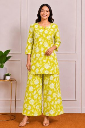 Lime Yellow Floral Print Cotton Co-ord Set – Notched Neck Kurta with Wide-Leg Palazzo