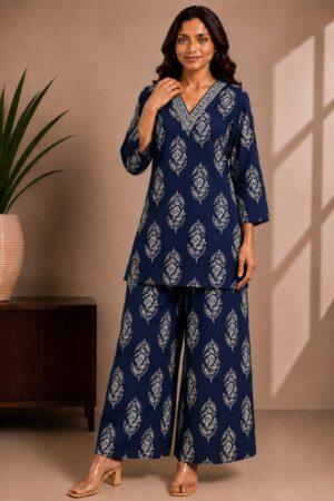 Navy Blue Ethnic Leaf Motif Print Cotton Co-ord Set – V-Neck Kurta with Wide-Leg Palazzo
