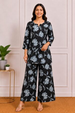 Black Grey Floral Print Cotton Co-ord Set – Notched Neck Kurta with Wide-Leg Palazzo