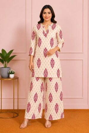 Cream Red Ethnic Buta Print Cotton Co-ord Set – V-Notch Kurta with Wide-Leg Palazzo