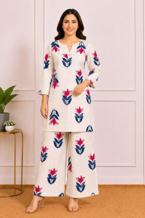Maroon Floral Buta Print Cotton Co-ord Set – Printed V-Neck Kurta with Wide-Leg Palazzo