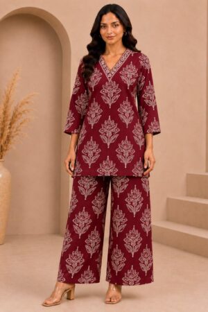 Maroon Floral Buta Print Cotton Co-ord Set – Printed V-Neck Kurta with Wide-Leg Palazzo