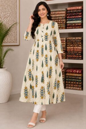 Ivory Cotton Anarkali Top with Teal & Mustard Traditional Floral Buta Print