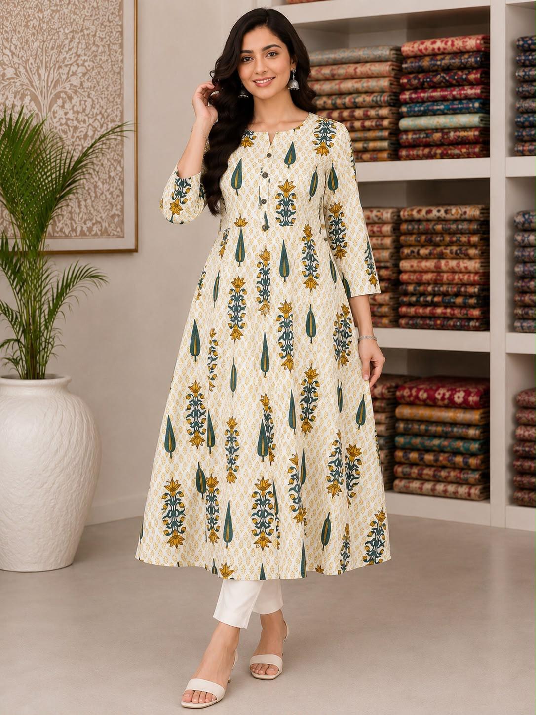 Ivory Cotton Anarkali Top with Teal & Mustard Traditional Floral Buta Print