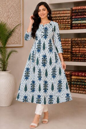 Ivory Cotton Anarkali Top with Blue & Teal Traditional Floral Buta Print
