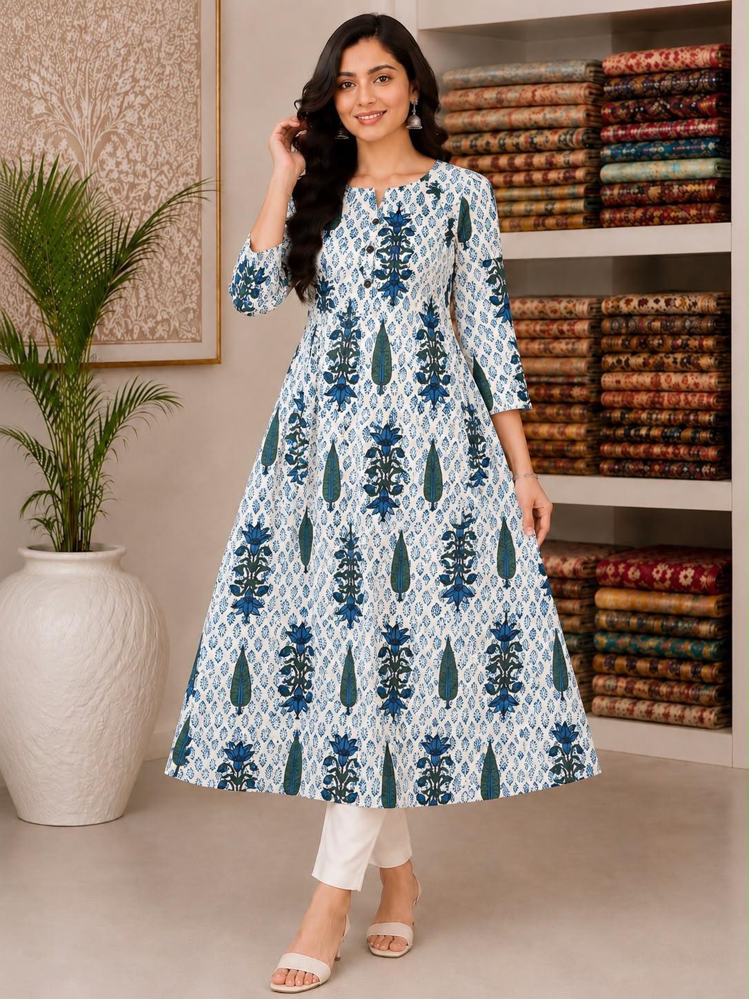 Ivory Cotton Anarkali Top with Blue & Teal Traditional Floral Buta Print