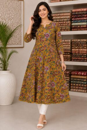 Mustard Olive Cotton Anarkali Top with Multicolour Kalamkari-Inspired Floral Print